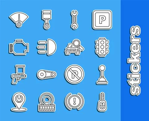 Set line Car key with remote, Gear shifter, Traffic light, Wrench, High beam Stock Illustration