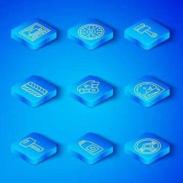 Set line Car key with remote, Power car engine, Canister for motor machine oil Stock Illustration