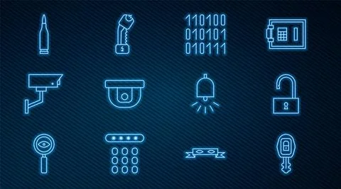 Set line Car key with remote, Open padlock, Binary code, Motion sensor, Security Stock Illustration