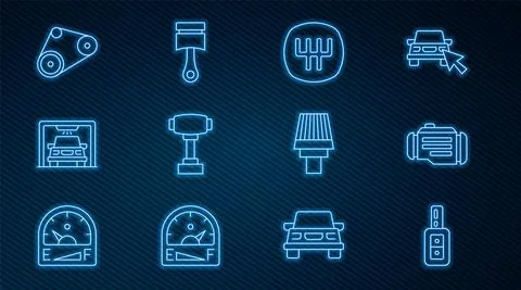 Set line Car key with remote, Check engine, Gear shifter, wash, Timing belt kit Stock Illustration