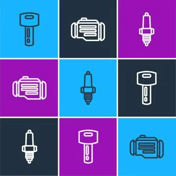 Set line Car key with remote, spark plug and Check engine icon. Vector Stock Illustration