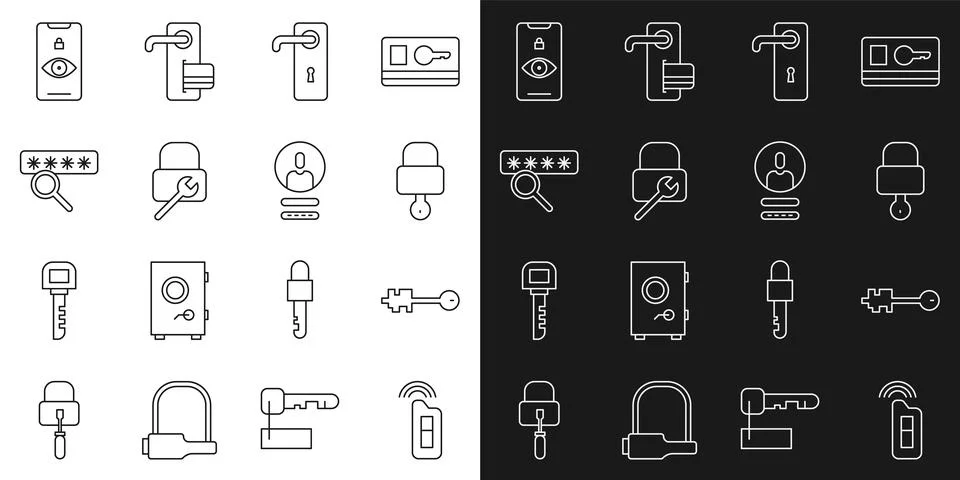 Set line Car key with remote, Old, Lock and, Door handle, repair, Password Illustration