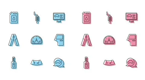 Set line Car key with remote, Broken windshield, Canister for motor oil, service Ilustración de archivo