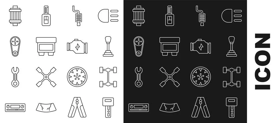 Set line Car key with remote, Chassis car, Gear shifter, muffler, Fuse, Timing Stock Illustration