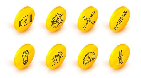Set line Car key with remote, Speedometer, First aid kit and warning triangle 스톡 일러스트