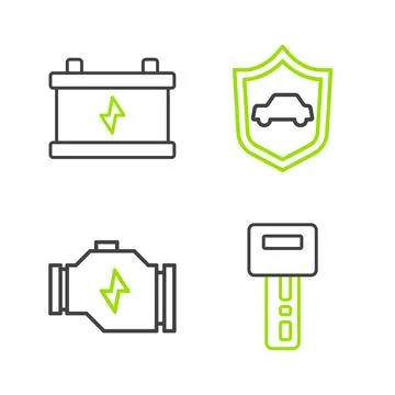 Set line Car key with remote, Check engine, shield and battery icon. Vector Stock Illustration