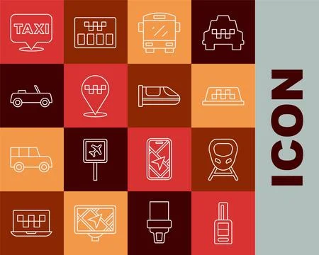 Set line Car key with remote, High-speed train, Taxi car roof, Bus, Location Stock-Illustration