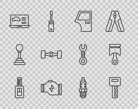 Set line Car key with remote, door, Check engine, Diagnostics condition of car Illustrazione stock