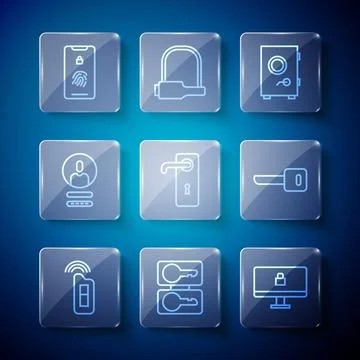 Set line Car key with remote, Casting keys, Lock on computer monitor, Safe, Door Stock Illustration