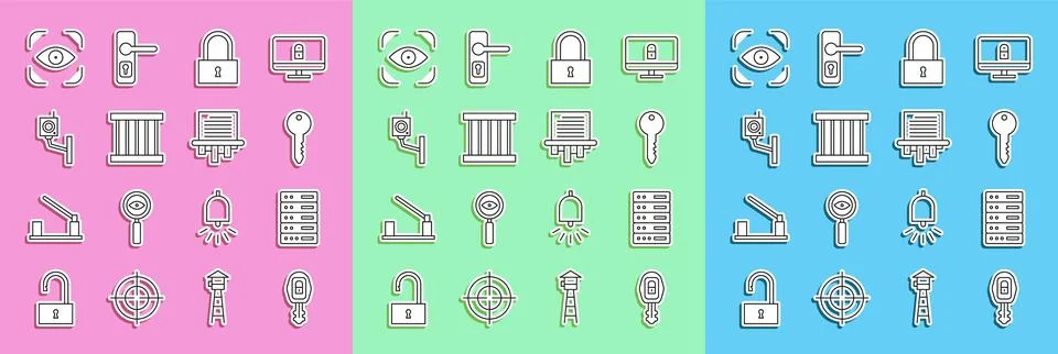 Set line Car key with remote, Server, Data, Web Hosting, Key, Lock, Prison Stock Illustration