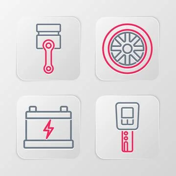 Set line Car key with remote, battery, wheel and Engine piston icon. Vector イラスト素材