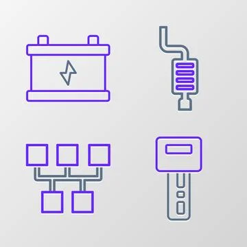 Set line Car key with remote, Gear shifter, muffler and battery icon. Vector Stock Illustration