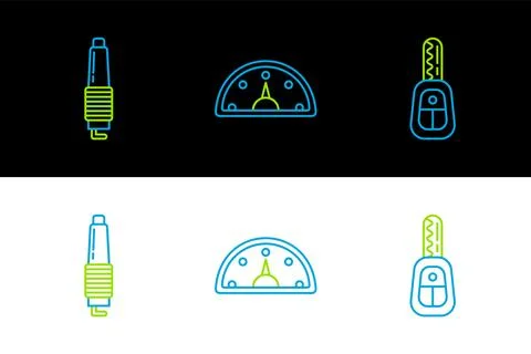Set line Car key with remote, spark plug and Speedometer icon. Vector Stock Illustration