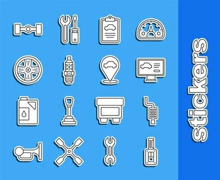 Set line Car key with remote, muffler, Diagnostics condition of car, inspec.. Stock Illustration