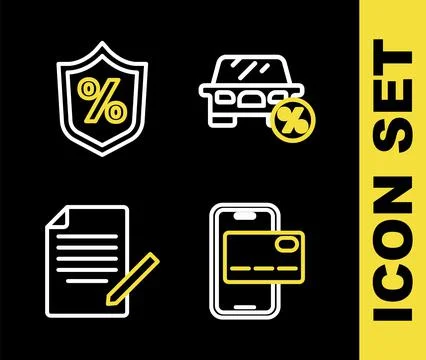 Set line Car leasing percent, Mobile banking, Document and pen and Loan icon. Stock Illustration