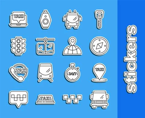 Set line Car, Map pointer with taxi, Compass, Trolleybus, Cable car, Traffic 스톡 일러스트