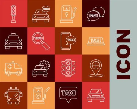 Set line Car, Map pointer with taxi, Taxi car roof, Electric charging stati.. Stock Illustration