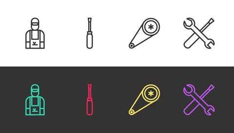 Set line Car mechanic, Screwdriver, Timing belt kit and and wrench spanner on Stock Illustration