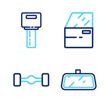 Set line Car mirror, Chassis car, door and key with remote icon. Vector Stock Illustration