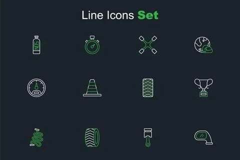 Set line Car mirror, Engine piston, tire wheel, Racing track, Award cup, Tr.. Stockillustratie
