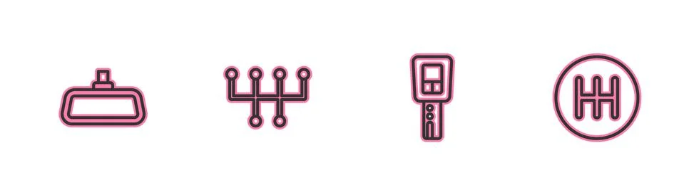 Set line Car mirror, key with remote, Gear shifter and icon. Vector Stock Illustration