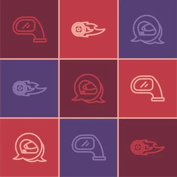 Set line Car mirror, Racing helmet and Wheel fire flame icon. Vector Stock Illustration