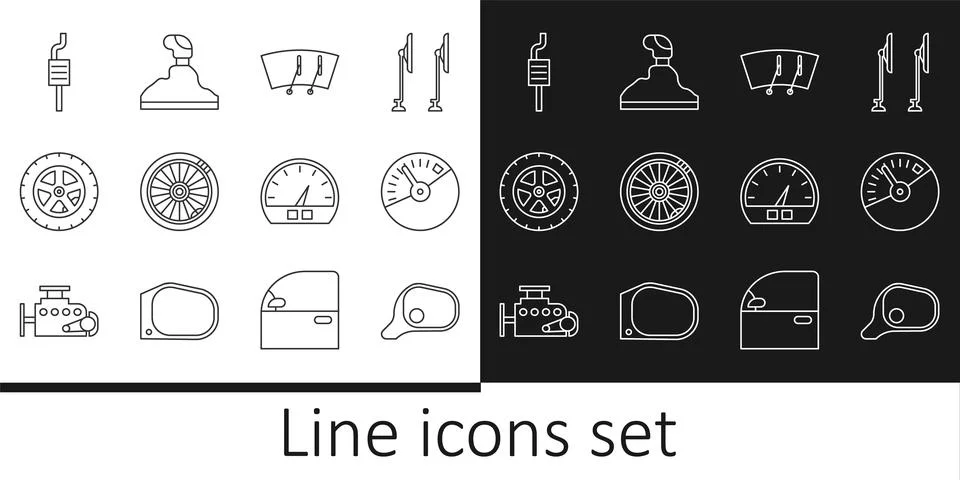 Set line Car mirror, Speedometer, Windscreen wiper, wheel, muffler,  and Ge.. Stock Illustration