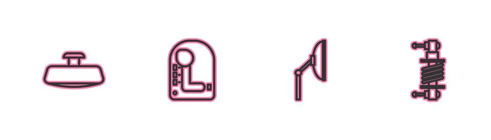 Set line Car mirror, Windscreen wiper, Gear shifter and Shock absorber icon.  Stock Illustration