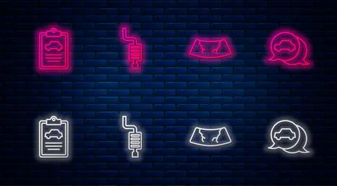 Set line Car muffler, Broken windshield, inspection and service. Glowing neon Ilustración de archivo