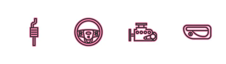 Set line Car muffler, engine, Steering wheel and door handle icon. Vector イラスト素材