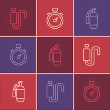 Set line Car muffler, Fire extinguisher and Stopwatch icon. Vector 스톡 일러스트