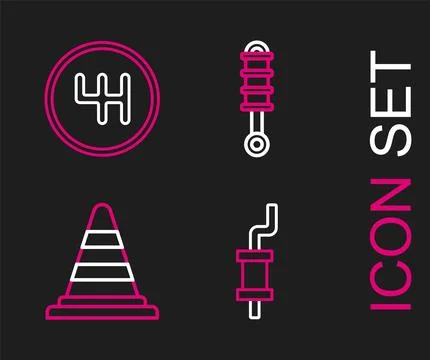 Set line Car muffler Traffic cone Shock absorber and Gear shifter icon. Vecto Stock Illustration