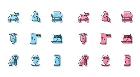 Set line Car rental, Map pointer with taxi, Taxi car, call telephone servic.. Stock Illustration