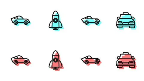 Set line Car, Rocket ship and Taxi car icon. Vector Stock Illustration