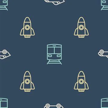 Set line Car, Rocket ship and Train and railway on seamless pattern. Vector Stock Illustration