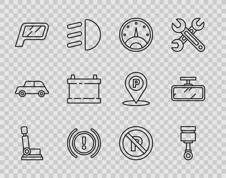 Set line Car seat, Engine piston, Speedometer, Brake system warning, mirror.. Stock Illustration