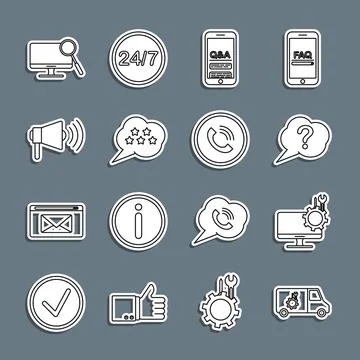 Set line Car service, Computer monitor, Speech bubble Question, Mobile and Illustrazione stock