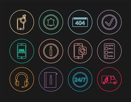 Set line Car service, Create account screen on mobile, Page with 404 error Illustrazione stock