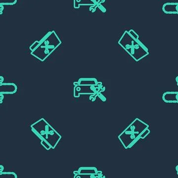 Set line Car service, Folder and Route location on seamless pattern. Vector Illustrazione stock