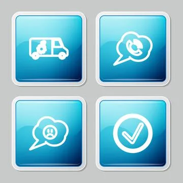 Set line Car service, Speech bubble with phone call, sad smile and Check mark in Stock Illustration