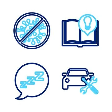 Set line Car service, Speech bubble with snoring, Interesting facts and Stop Stock Illustration
