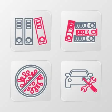 Set line Car service, Stop virus, bacteria, Office folders and  icon. Vector Stock Illustration