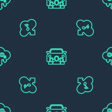 Set line Car sharing, Cloud download music and CO2 emissions cloud on seamles 库存插图