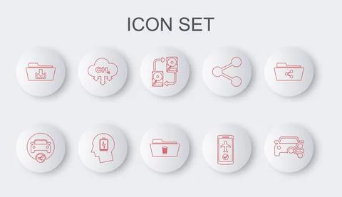 Set line Car sharing, Data exchange with hhd, Flight mode the mobile, Folder Illustrazione stock