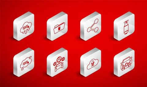 Set line Car sharing, Delete folder, Share, Aviation bomb, Music streaming Stock Illustration