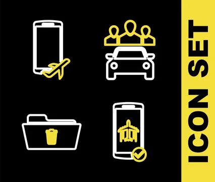 Set line Car sharing, Flight mode the mobile, Delete folder and icon. Vector Stock Illustration