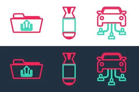 Set line Car sharing, Folder upload and Aviation bomb icon. Vector Stock Illustration