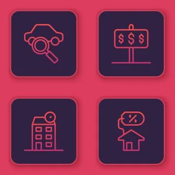 Set line Car sharing, House, with dollar and percant. Blue square button. Vector Illustrazione stock