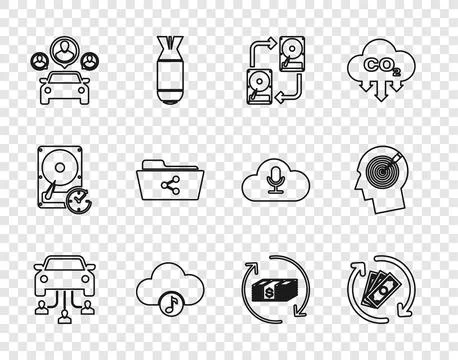 Set line Car sharing, Refund money, Data exchange with hhd, Music streaming Stock Illustration