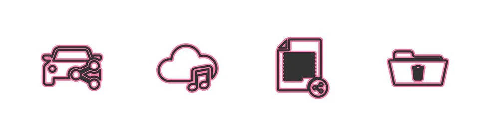 Set line Car sharing, Share file, Music streaming service and Delete folder icon 스톡 일러스트